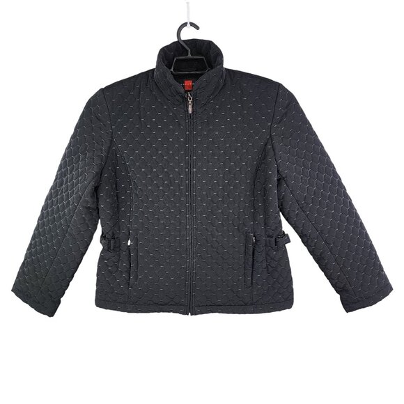Womens Black Quilted Jacket By Gallery Full Zip Long Sleeve Zip Pockets Size L - Picture 1 of 11